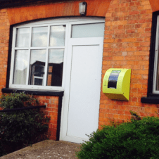 Defibrillator location outside village hall